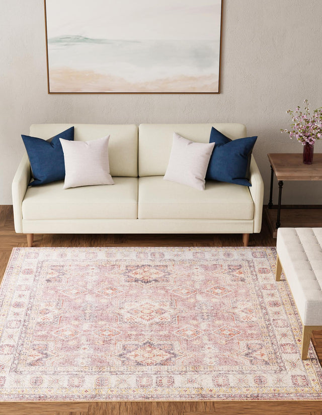 Washable Antique Rose Pink 7' 10 x 7' 10 Timeless Square Area Rug Easy to Clean Stain Resistant & Durable Traditional Classic Vintage Design Carpet for Sale at Rug Engine