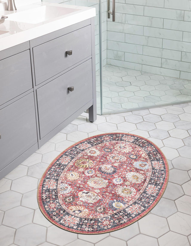 Washable Vintage Red 2' x 3' 1 Timeless Oval Area Rug Easy to Clean Stain Resistant & Durable Traditional Classic Vintage Design Carpet for Sale at Rug Engine