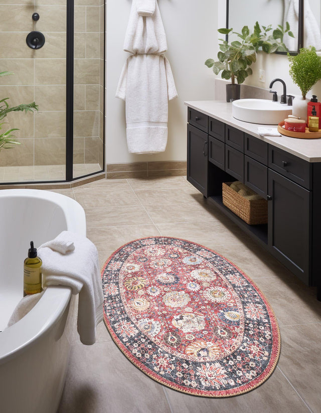 Washable Vintage Red 2' x 3' 1 Timeless Oval Area Rug Easy to Clean Stain Resistant & Durable Traditional Classic Vintage Design Carpet for Sale at Rug Engine