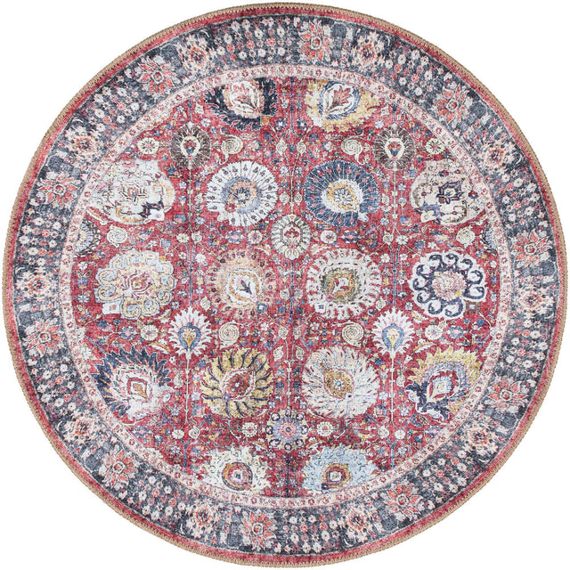 Washable Vintage Red 3' 6 x 3' 6 Timeless Round Area Rug Easy to Clean Stain Resistant & Durable Traditional Classic Vintage Design Carpet for Sale at Rug Engine