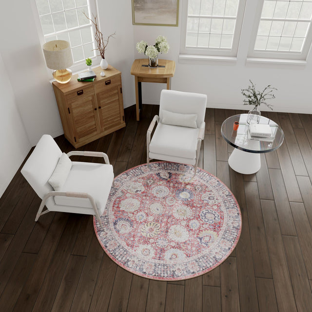 Washable Vintage Red 5' 1 x 5' 1 Timeless Round Area Rug Easy to Clean Stain Resistant & Durable Traditional Classic Vintage Design Carpet for Sale at Rug Engine