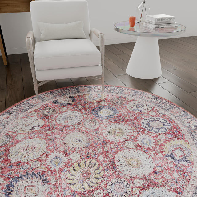 Washable Vintage Red 5' 1 x 5' 1 Timeless Round Area Rug Easy to Clean Stain Resistant & Durable Traditional Classic Vintage Design Carpet for Sale at Rug Engine