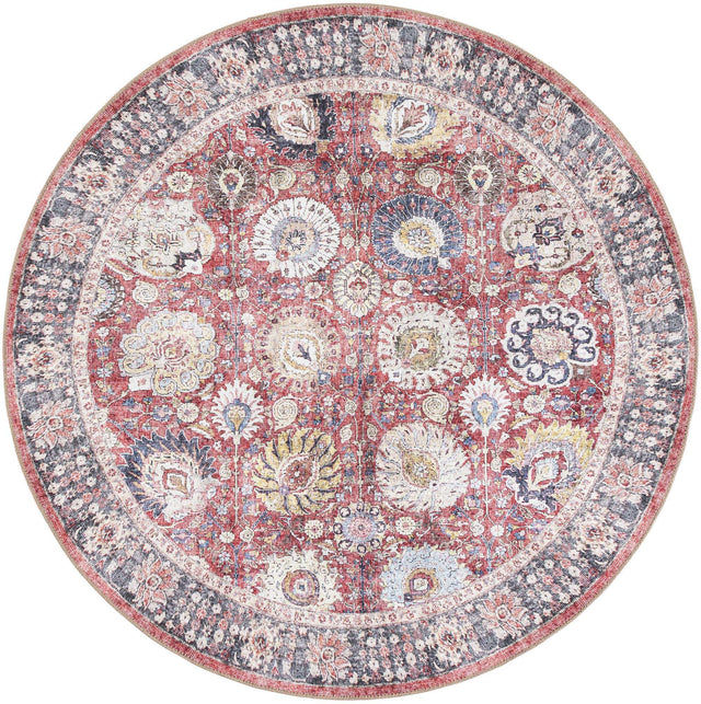 Washable Vintage Red 5' 1 x 5' 1 Timeless Round Area Rug Easy to Clean Stain Resistant & Durable Traditional Classic Vintage Design Carpet for Sale at Rug Engine