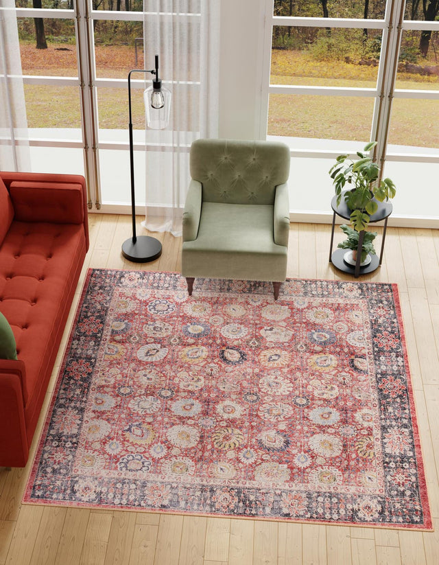 Washable Vintage Red 7' 10 x 7' 10 Timeless Square Area Rug Easy to Clean Stain Resistant & Durable Traditional Classic Vintage Design Carpet for Sale at Rug Engine