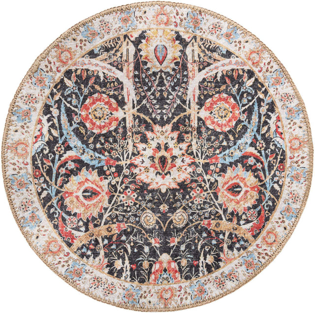 Washable Black 2' x 2' Timeless Round Area Rug Easy to Clean Stain Resistant & Durable Traditional Classic Vintage Design Carpet for Sale at Rug Engine