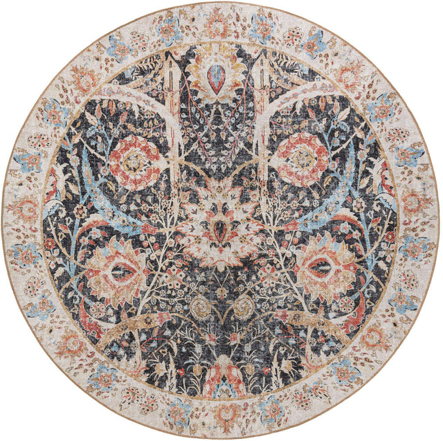 Washable Black 7' 10 x 7' 10 Timeless Round Area Rug Easy to Clean Stain Resistant & Durable Traditional Classic Vintage Design Carpet for Sale at Rug Engine