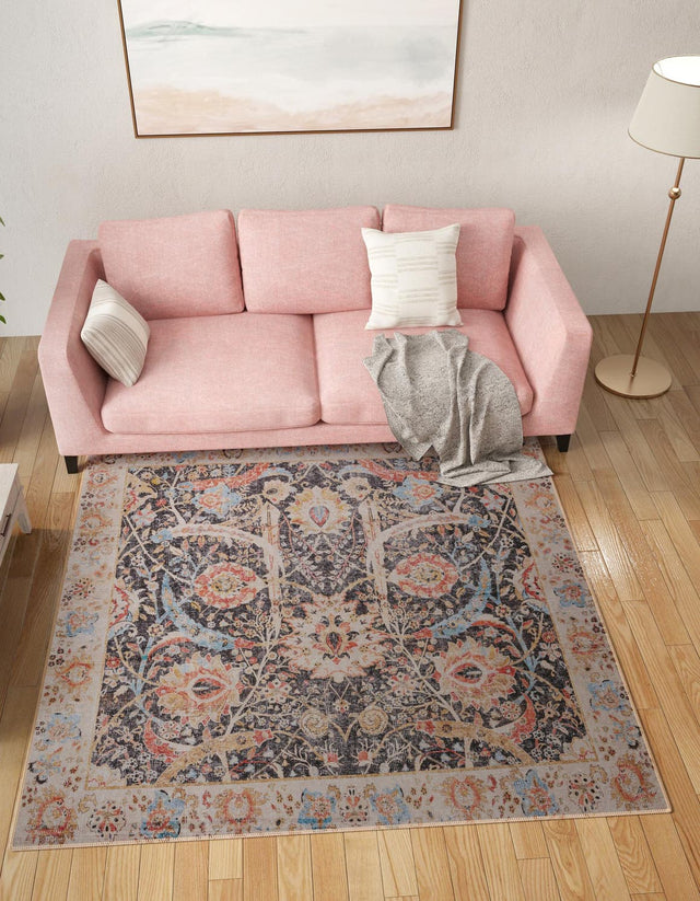Washable Black 7' 10 x 7' 10 Timeless Square Area Rug Easy to Clean Stain Resistant & Durable Traditional Classic Vintage Design Carpet for Sale at Rug Engine