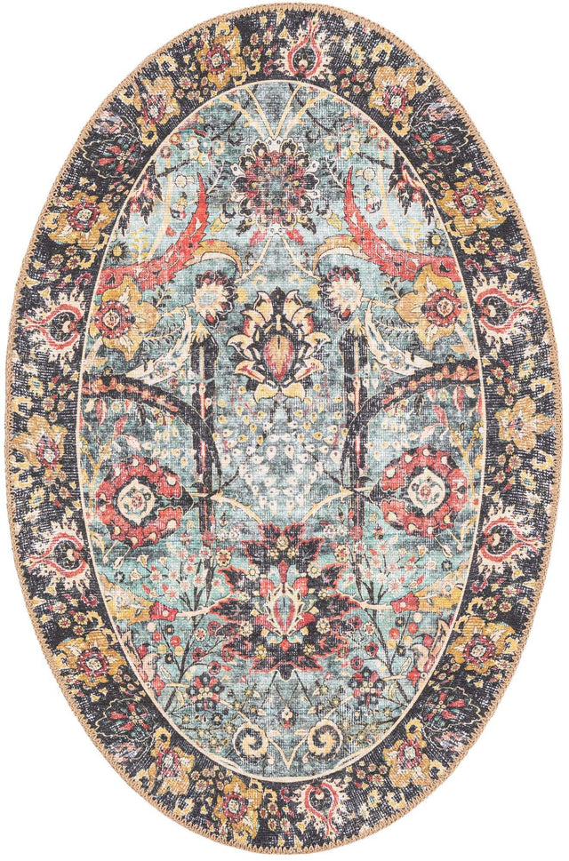 Washable Vintage Green 2' x 3' 1 Timeless Oval Area Rug Easy to Clean Stain Resistant & Durable Traditional Classic Vintage Design Carpet for Sale at Rug Engine
