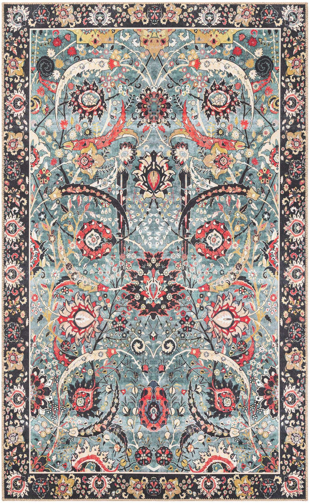 Washable Vintage Green 5' 1 x 8' Timeless Rectangle Area Rug Easy to Clean Stain Resistant & Durable Traditional Classic Vintage Design Carpet for Sale at Rug Engine