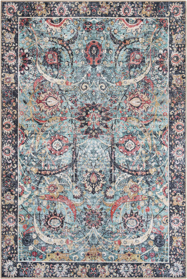 Washable Vintage Green 6' 1 x 9' Timeless Rectangle Area Rug Easy to Clean Stain Resistant & Durable Traditional Classic Vintage Design Carpet for Sale at Rug Engine