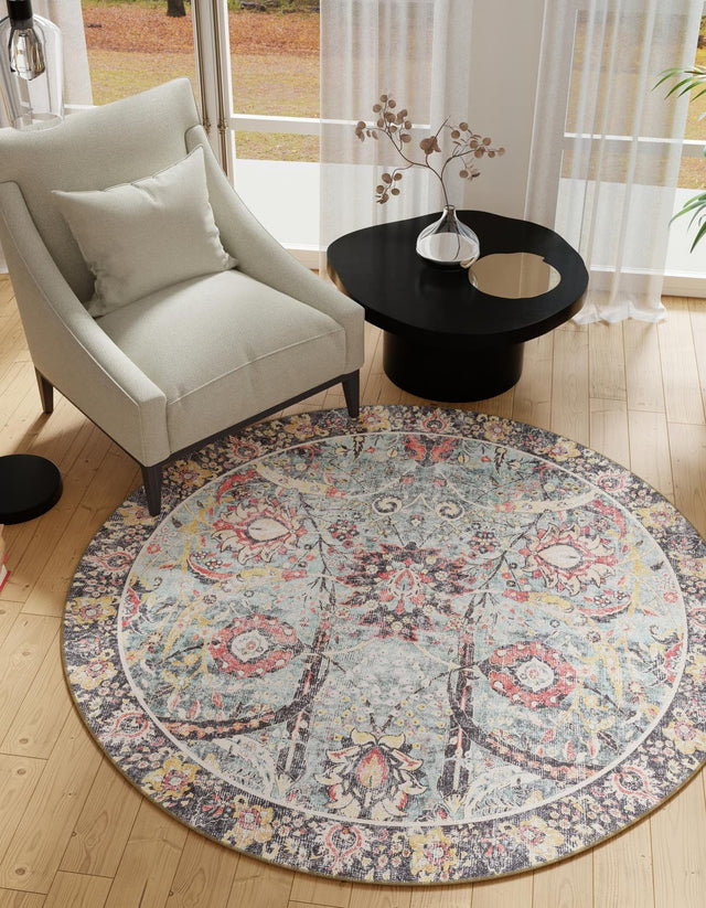 Washable Vintage Green 7' 10 x 7' 10 Timeless Round Area Rug Easy to Clean Stain Resistant & Durable Traditional Classic Vintage Design Carpet for Sale at Rug Engine