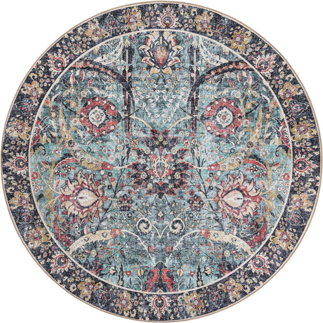 Washable Vintage Green 7' 10 x 7' 10 Timeless Round Area Rug Easy to Clean Stain Resistant & Durable Traditional Classic Vintage Design Carpet for Sale at Rug Engine
