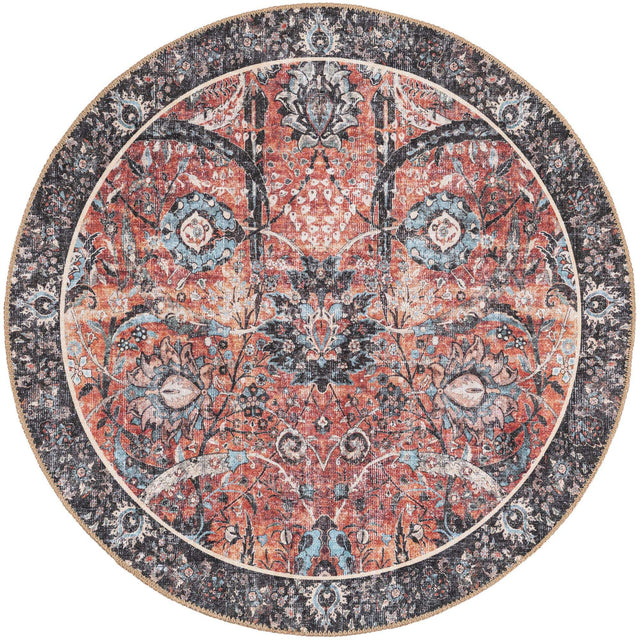 Washable Vintage Rust Red 3' 6 x 3' 6 Timeless Round Area Rug Easy to Clean Stain Resistant & Durable Traditional Classic Vintage Design Carpet for Sale at Rug Engine