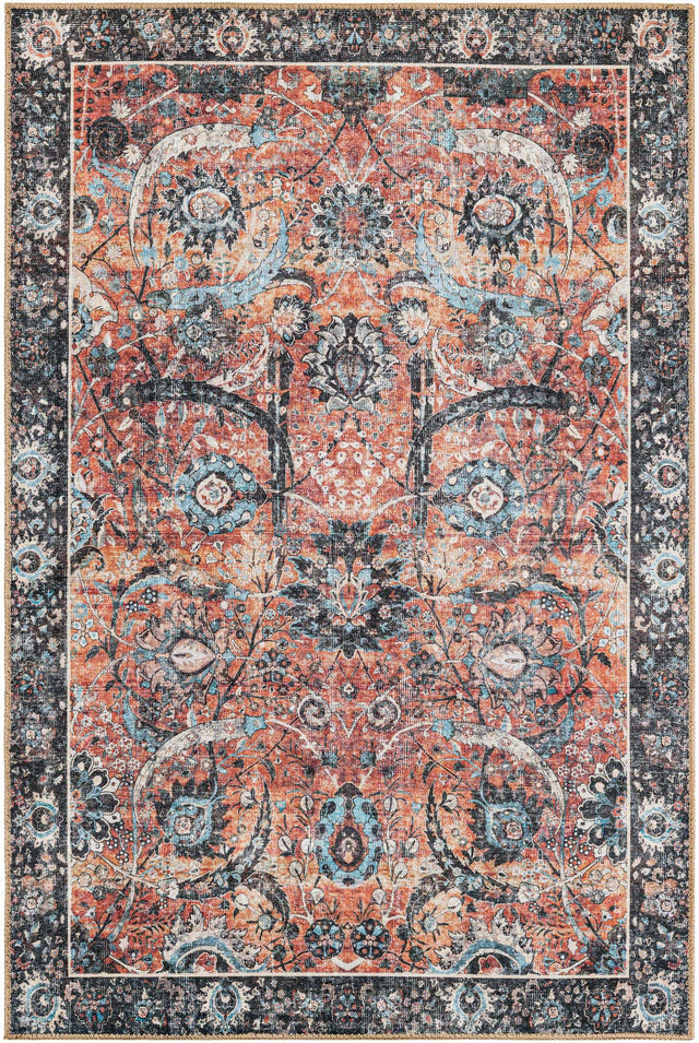 Washable Vintage Rust Red 4' 1 x 6' 1 Timeless Rectangle Area Rug Easy to Clean Stain Resistant & Durable Traditional Classic Vintage Design Carpet for Sale at Rug Engine