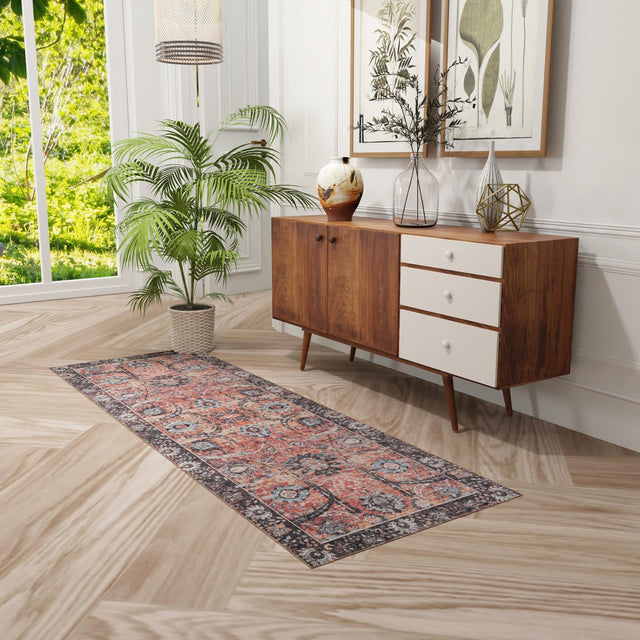 Washable Vintage Rust Red 2' 7 x 10' Timeless Runner Area Rug Easy to Clean Stain Resistant & Durable Traditional Classic Vintage Design Carpet for Sale at Rug Engine