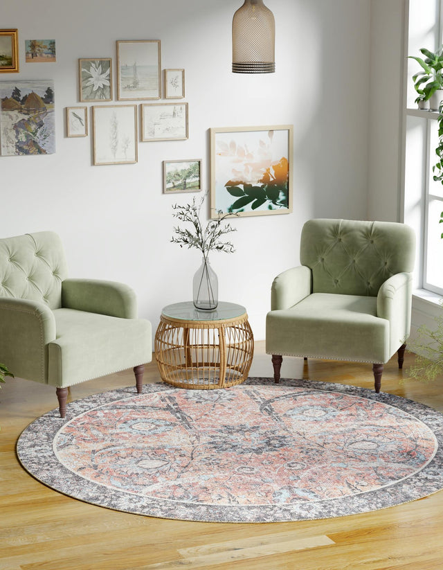 Washable Vintage Rust Red 5' 1 x 5' 1 Timeless Round Area Rug Easy to Clean Stain Resistant & Durable Traditional Classic Vintage Design Carpet for Sale at Rug Engine