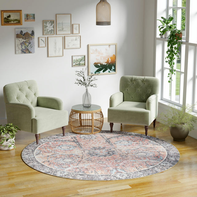 Washable Vintage Rust Red 3' 6 x 3' 6 Timeless Round Area Rug Easy to Clean Stain Resistant & Durable Traditional Classic Vintage Design Carpet for Sale at Rug Engine