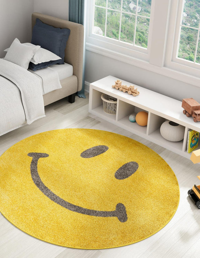 Yellow 5' 1 x 5' 1 Whimsy Kids Round Area Rug for Baby Nursery, Toddler Playroom, Bedrooms Playful Fun Design Easy Clean Carpet for Sale at Rug Engine
