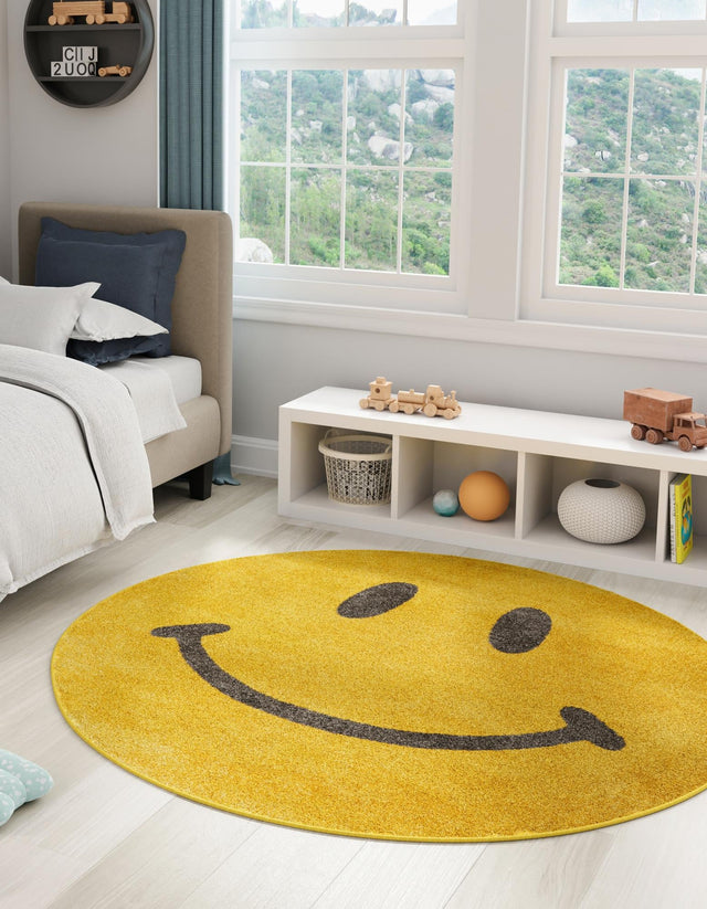 Yellow 3' 3 x 3' 3 Whimsy Kids Round Area Rug for Baby Nursery, Toddler Playroom, Bedrooms