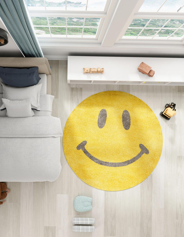 Yellow 5' 1 x 5' 1 Whimsy Kids Round Area Rug for Baby Nursery, Toddler Playroom, Bedrooms Playful Fun Design Easy Clean Carpet for Sale at Rug Engine