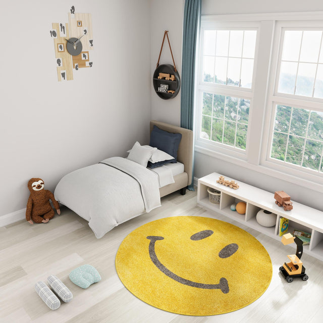 Yellow 5' 1 x 5' 1 Whimsy Kids Round Area Rug for Baby Nursery, Toddler Playroom, Bedrooms Playful Fun Design Easy Clean Carpet for Sale at Rug Engine