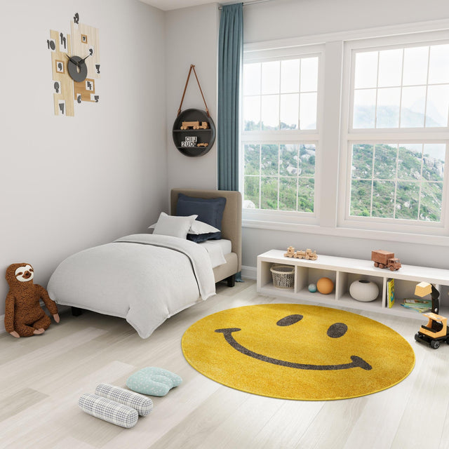 Yellow 3' 3 x 3' 3 Whimsy Kids Round Area Rug for Baby Nursery, Toddler Playroom, Bedrooms
