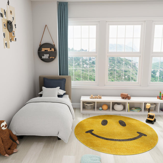 Yellow 3' 3 x 3' 3 Whimsy Kids Round Area Rug for Baby Nursery, Toddler Playroom, Bedrooms