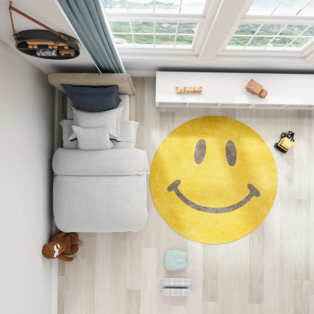 Yellow 3' 3 x 3' 3 Whimsy Kids Round Area Rug for Baby Nursery, Toddler Playroom, Bedrooms