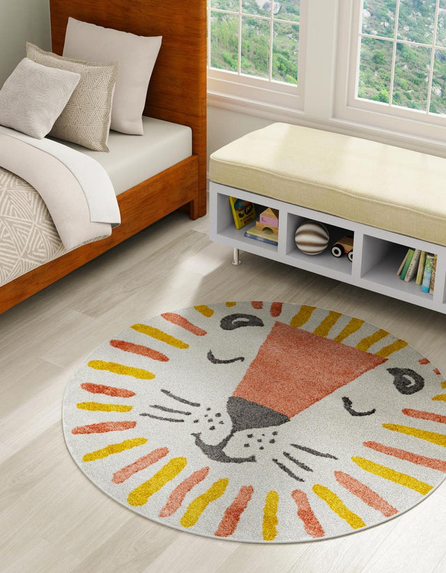 Ivory 6' 1 x 6' 1 Whimsy Kids Round Area Rug for Baby Nursery, Toddler Playroom, Bedrooms
