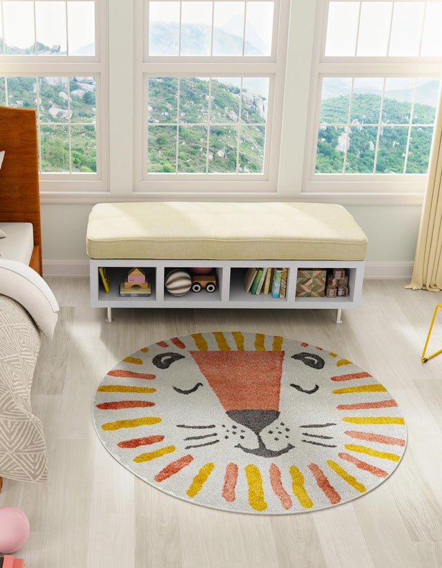 Ivory 6' 1 x 6' 1 Whimsy Kids Round Area Rug for Baby Nursery, Toddler Playroom, Bedrooms