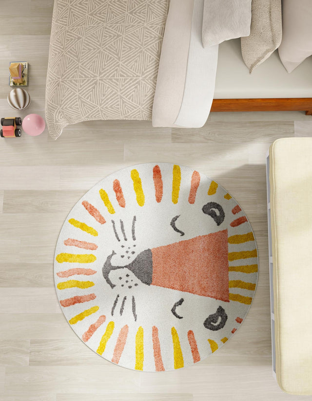 Ivory 6' 1 x 6' 1 Whimsy Kids Round Area Rug for Baby Nursery, Toddler Playroom, Bedrooms