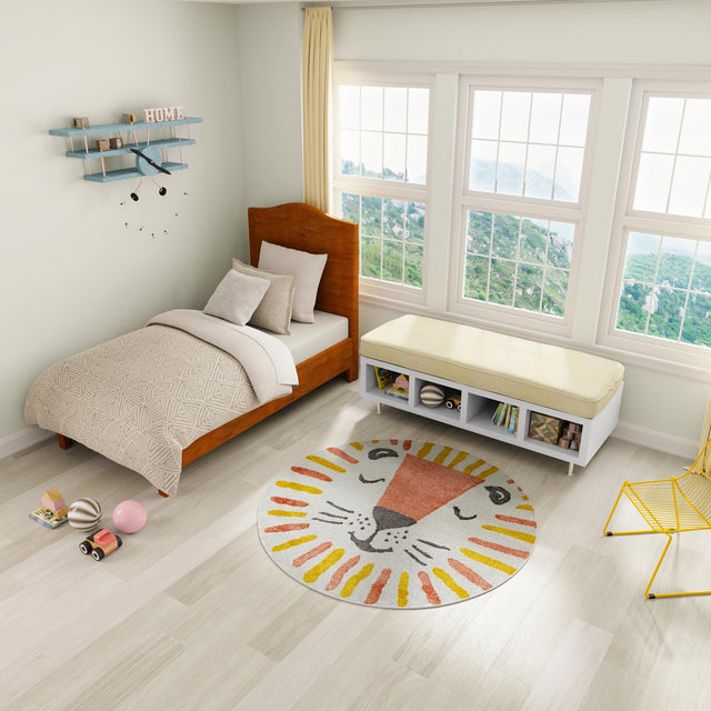 Ivory 6' 1 x 6' 1 Whimsy Kids Round Area Rug for Baby Nursery, Toddler Playroom, Bedrooms