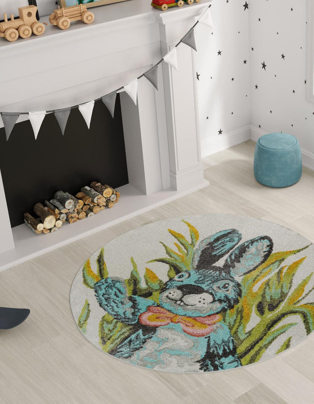 Ivory 5' 1 x 5' 1 Whimsy Kids Round Area Rug for Baby Nursery, Toddler Playroom, Bedrooms