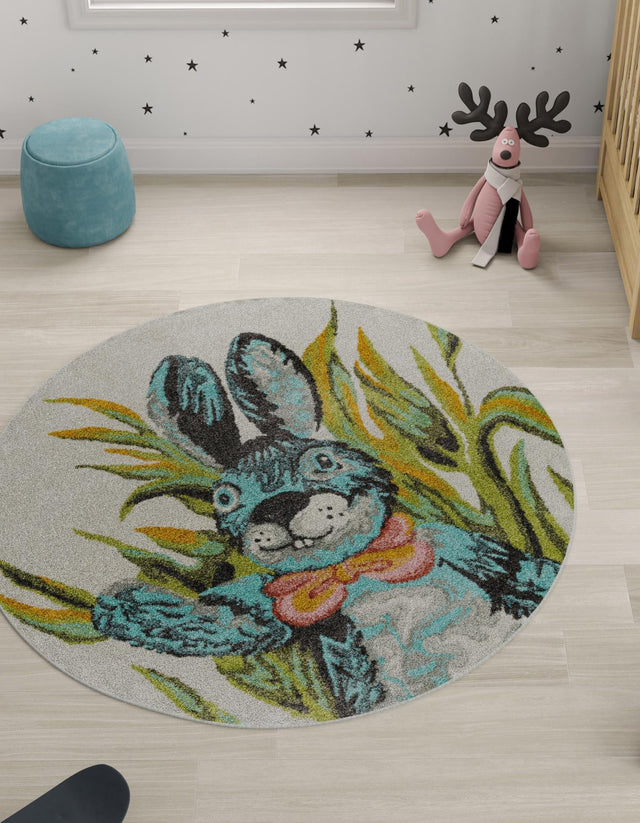 Ivory 3' 3 x 3' 3 Whimsy Kids Round Area Rug for Baby Nursery, Toddler Playroom, Bedrooms