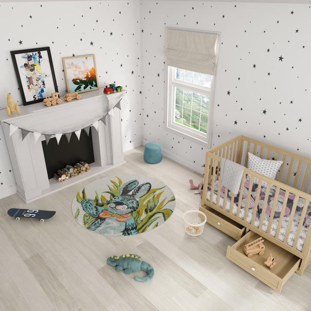 Ivory 7' 10 x 7' 10 Whimsy Kids Round Area Rug for Baby Nursery, Toddler Playroom, Bedrooms