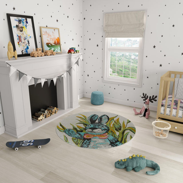 Ivory 5' 1 x 5' 1 Whimsy Kids Round Area Rug for Baby Nursery, Toddler Playroom, Bedrooms
