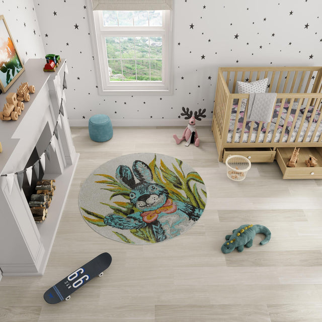 Ivory 7' 10 x 7' 10 Whimsy Kids Round Area Rug for Baby Nursery, Toddler Playroom, Bedrooms