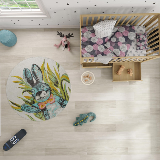 Ivory 5' 1 x 5' 1 Whimsy Kids Round Area Rug for Baby Nursery, Toddler Playroom, Bedrooms