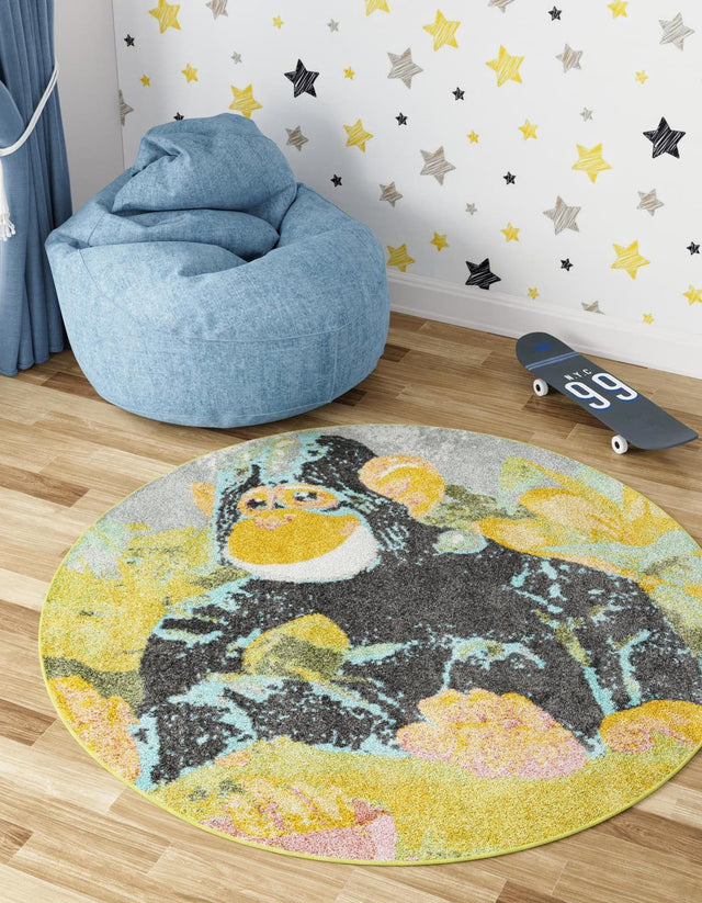 Multicolor 7' 10 x 7' 10 Whimsy Kids Round Area Rug for Baby Nursery, Toddler Playroom, Bedrooms Playful Fun Design Easy Clean Carpet for Sale at Rug Engine