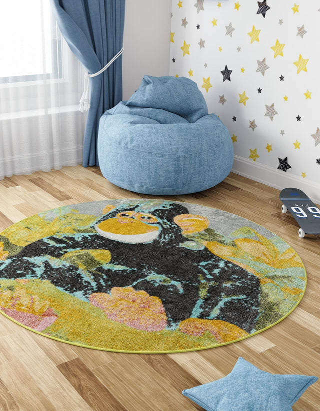 Multicolor 2' 2 x 2' 2 Whimsy Kids Round Area Rug for Baby Nursery, Toddler Playroom, Bedrooms