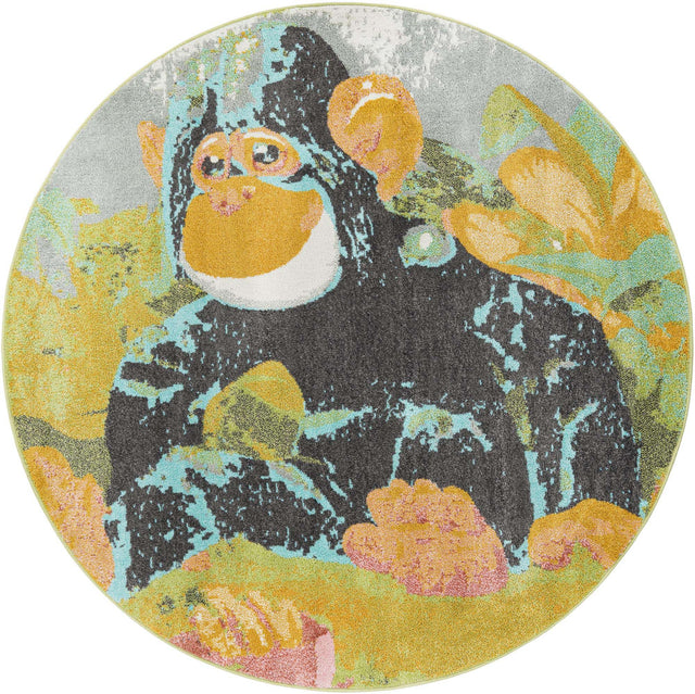 Multicolor 6' 1 x 6' 1 Whimsy Kids Round Area Rug for Baby Nursery, Toddler Playroom, Bedrooms Playful Fun Design Easy Clean Carpet for Sale at Rug Engine
