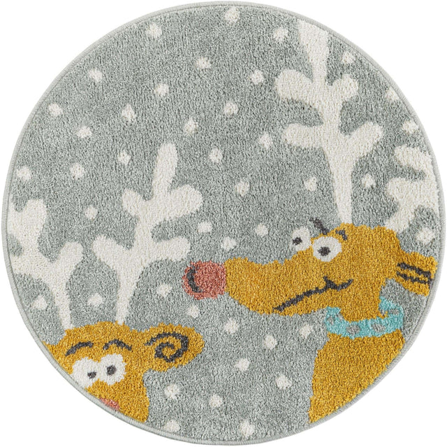 Gray 2' 2 x 2' 2 Whimsy Kids Round Area Rug for Baby Nursery, Toddler Playroom, Bedrooms Playful Fun Design Easy Clean Carpet for Sale at Rug Engine