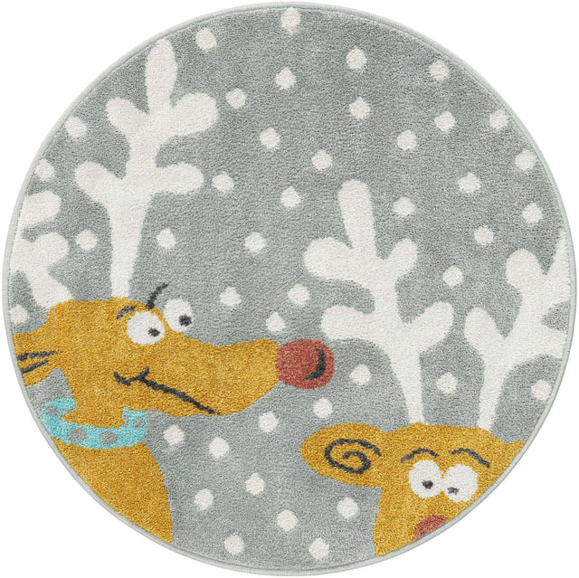 Gray 3' 3 x 3' 3 Whimsy Kids Round Area Rug for Baby Nursery, Toddler Playroom, Bedrooms Playful Fun Design Easy Clean Carpet for Sale at Rug Engine