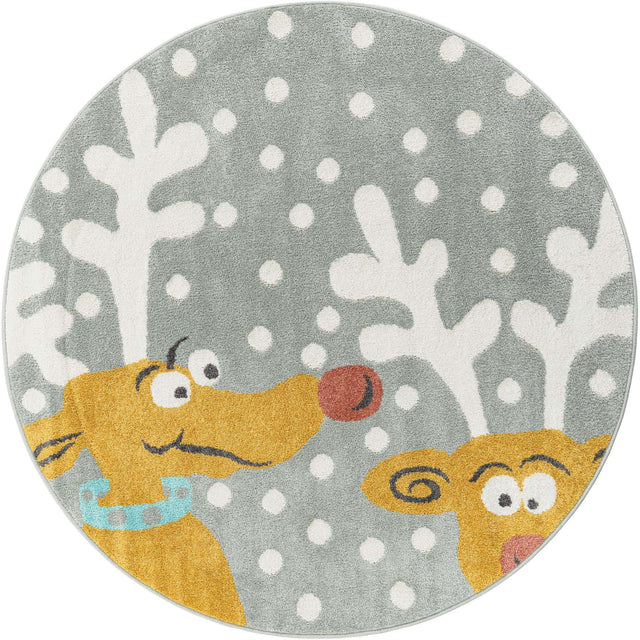 Gray 5' 1 x 5' 1 Whimsy Kids Round Area Rug for Baby Nursery, Toddler Playroom, Bedrooms Playful Fun Design Easy Clean Carpet for Sale at Rug Engine