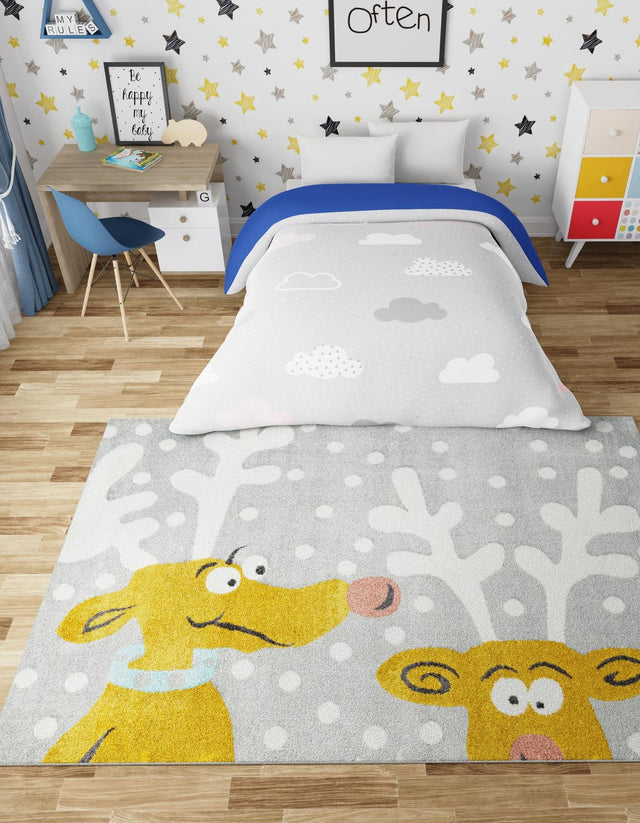 Gray 5' 3 x 8' Whimsy Kids Rectangle Area Rug for Baby Nursery, Toddler Playroom, Bedrooms Playful Fun Design Easy Clean Carpet for Sale at Rug Engine