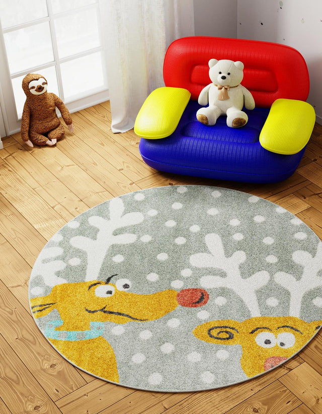 Gray 6' 1 x 6' 1 Whimsy Kids Round Area Rug for Baby Nursery, Toddler Playroom, Bedrooms