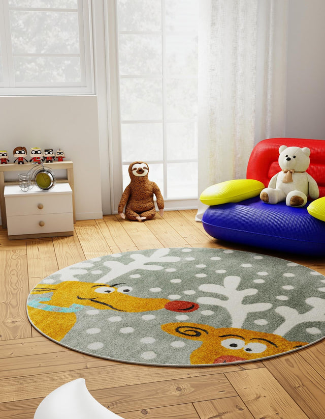 Gray 6' 1 x 6' 1 Whimsy Kids Round Area Rug for Baby Nursery, Toddler Playroom, Bedrooms