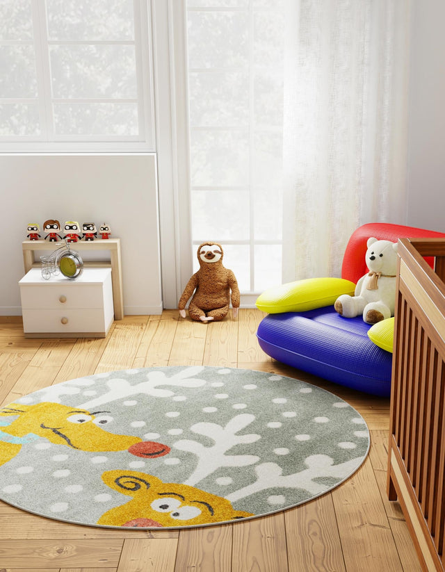 Gray 6' 1 x 6' 1 Whimsy Kids Round Area Rug for Baby Nursery, Toddler Playroom, Bedrooms