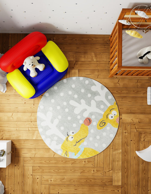 Gray 7' 10 x 7' 10 Whimsy Kids Round Area Rug for Baby Nursery, Toddler Playroom, Bedrooms