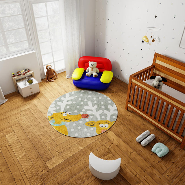 Gray 7' 10 x 7' 10 Whimsy Kids Round Area Rug for Baby Nursery, Toddler Playroom, Bedrooms